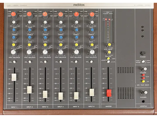 ReVox C279, Modulares 6-Kanal-Stereo-Kleinmischpult für hochwertige Aufnahme-, Zuspiel- und Beschallungsaufgaben, ergänzt durch die ReVox Expansion Unit mit Phono-, dbx- und Faderstart-Funktionen.